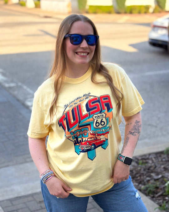 Tulsa Route 66 Classic Car Tshirt Butter Yellow