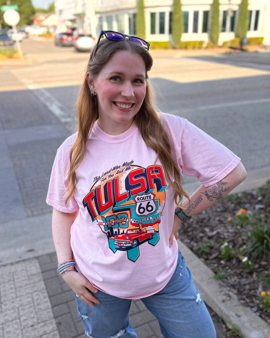 Tulsa Route 66 Classic Car Tshirt Blossom Pink