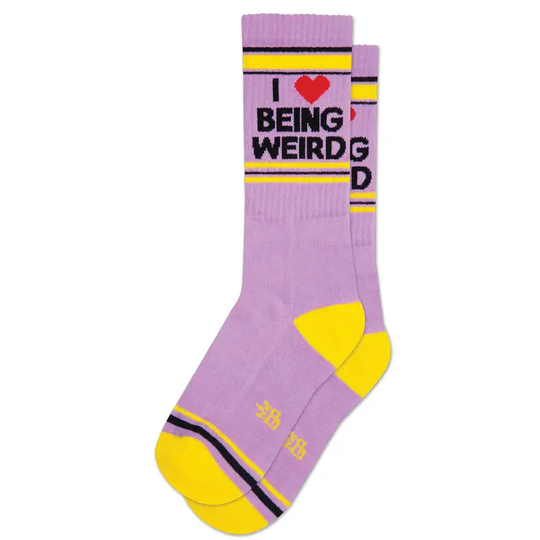 I heart being weird gym socks in light purple with yellow and dark purple accents
