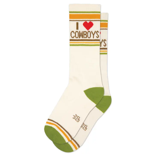 I heart cowboys gym socks in cream with green mustard yellow and brown accents