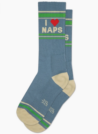 I heart naps gym socks in blue with white and green accents