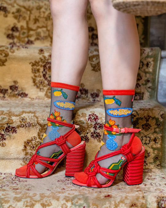transparent socks with wine and pasta pattern