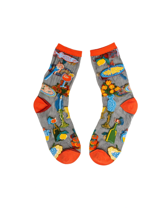 black sheer socks with italian food design