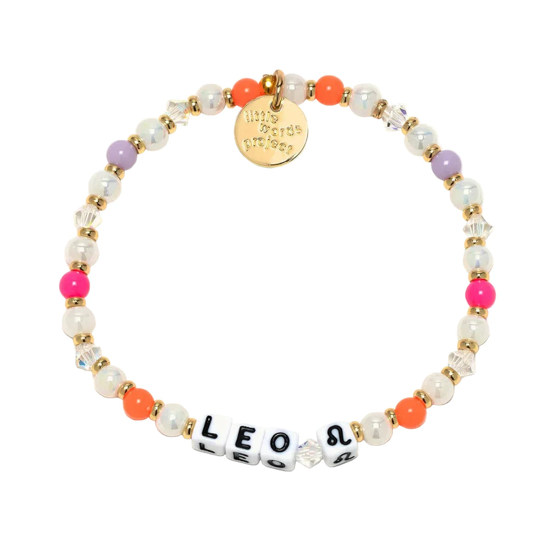 Shop the Leo Lion Bracelet  by Little Words Project. A colorful zodiac bracelet for Leo with white, pink, purple, and orange beads.