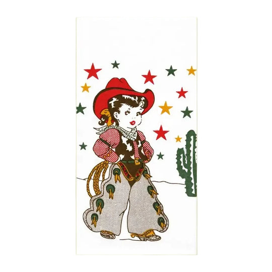 Retro style little cowgirl woven cotton dish towel