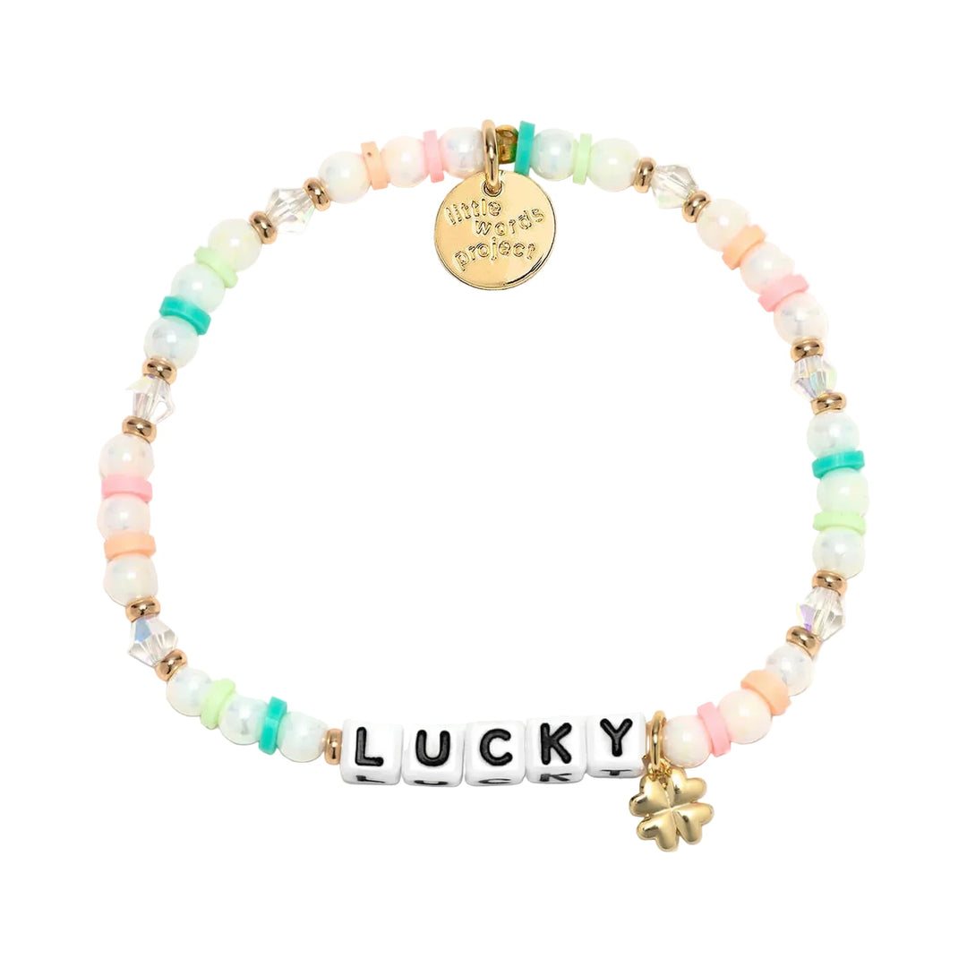 Lucky Clover bracelet white pastel beaded bracelet with clover charm by Little Words Project