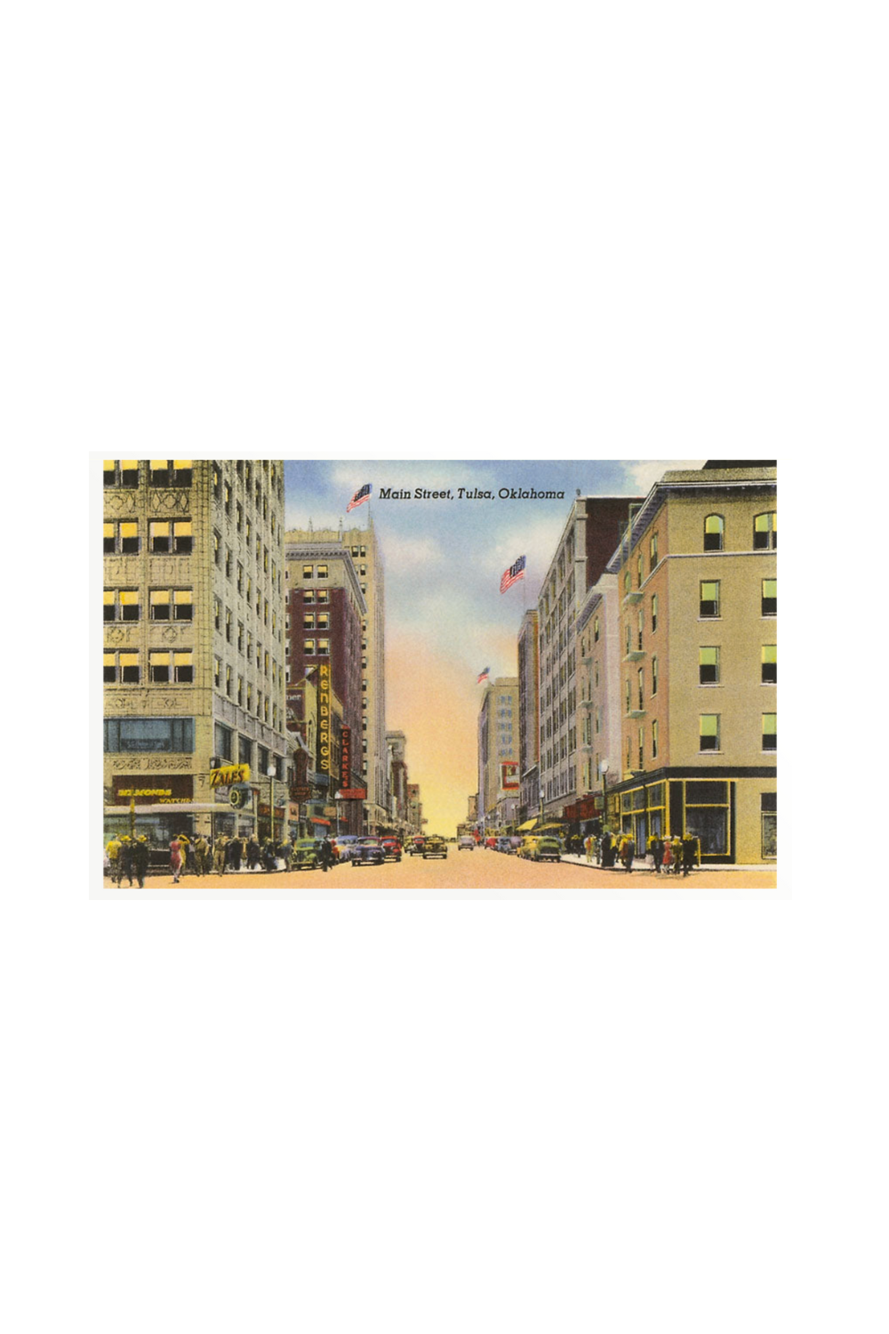 art print of Main Street in downtown Tulsa, Oklahoma, capturing city architecture and street life.