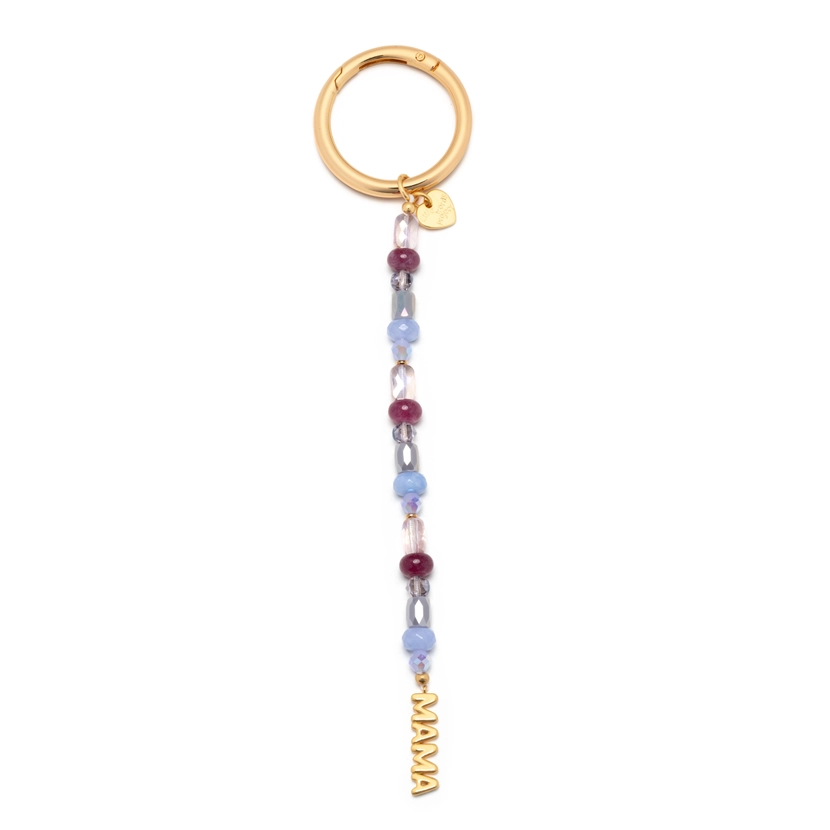 Mama beaded keychain with blue and purple beads and gold Mama charm by Little Words Project