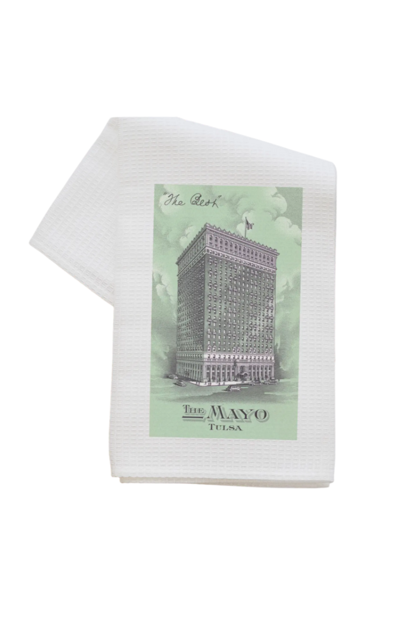 Vintage-inspired dish towel featuring the Mayo Hotel design in a money-style print, perfect Oklahoma souvenir.