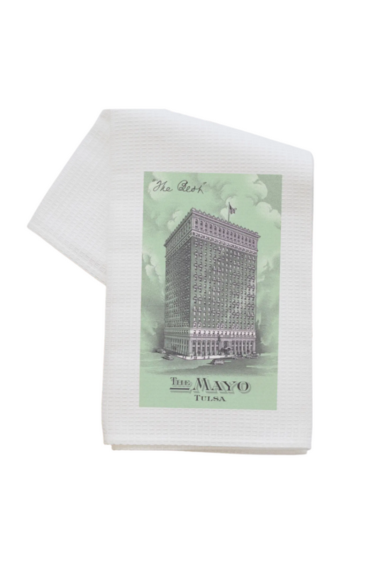 Vintage-inspired dish towel featuring the Mayo Hotel design in a money-style print, perfect Oklahoma souvenir.