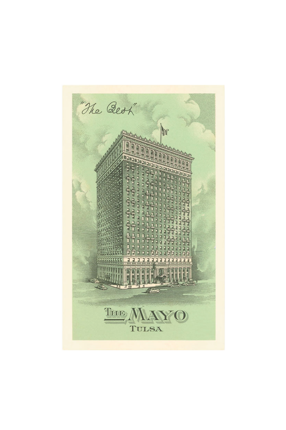 Vintage art print of the Mayo Hotel in Tulsa, Oklahoma with currency-style engraved design.