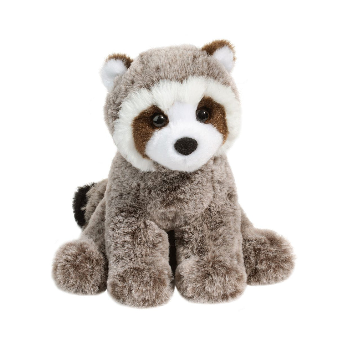 Mini Rudie Raccoon stuffed animal by Douglas with gray fur and striped tail