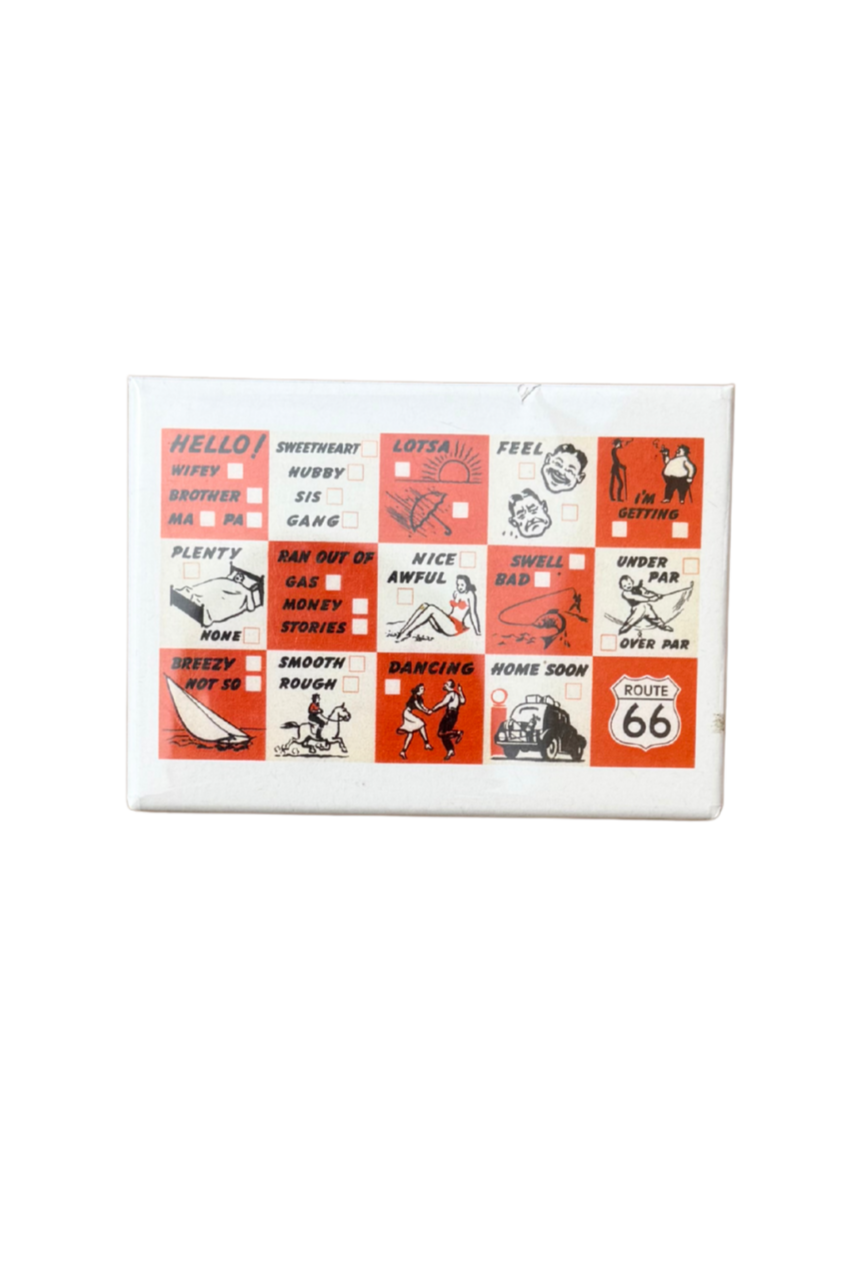 Retro Route 66 fridge magnet showing different travel choices in a vintage mid-century layout