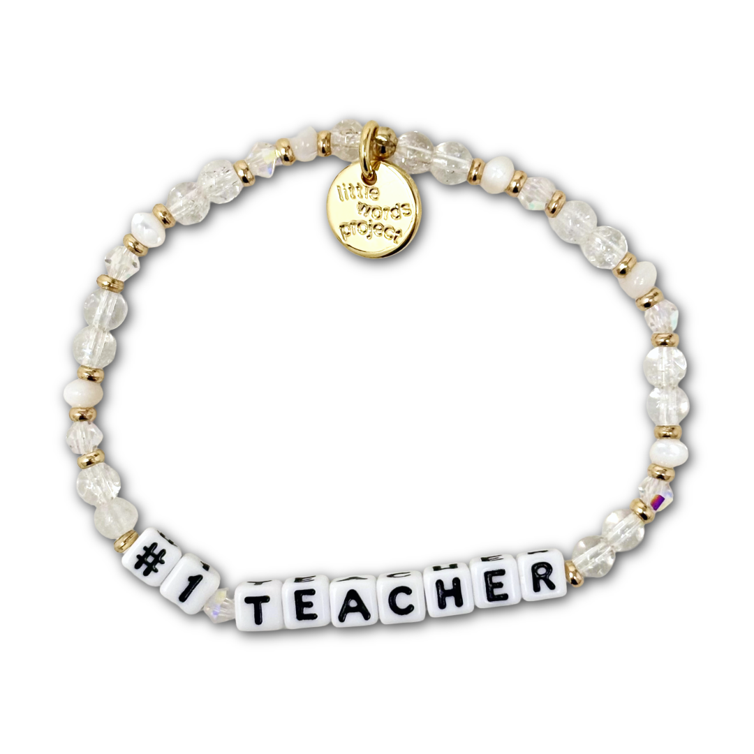 Beaded bracelet with letter beads spelling out "#1 TEACHER".
