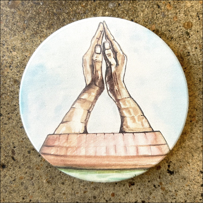 Illustrated coaster of Tulsa’s famous Praying Hands at Oral Roberts University