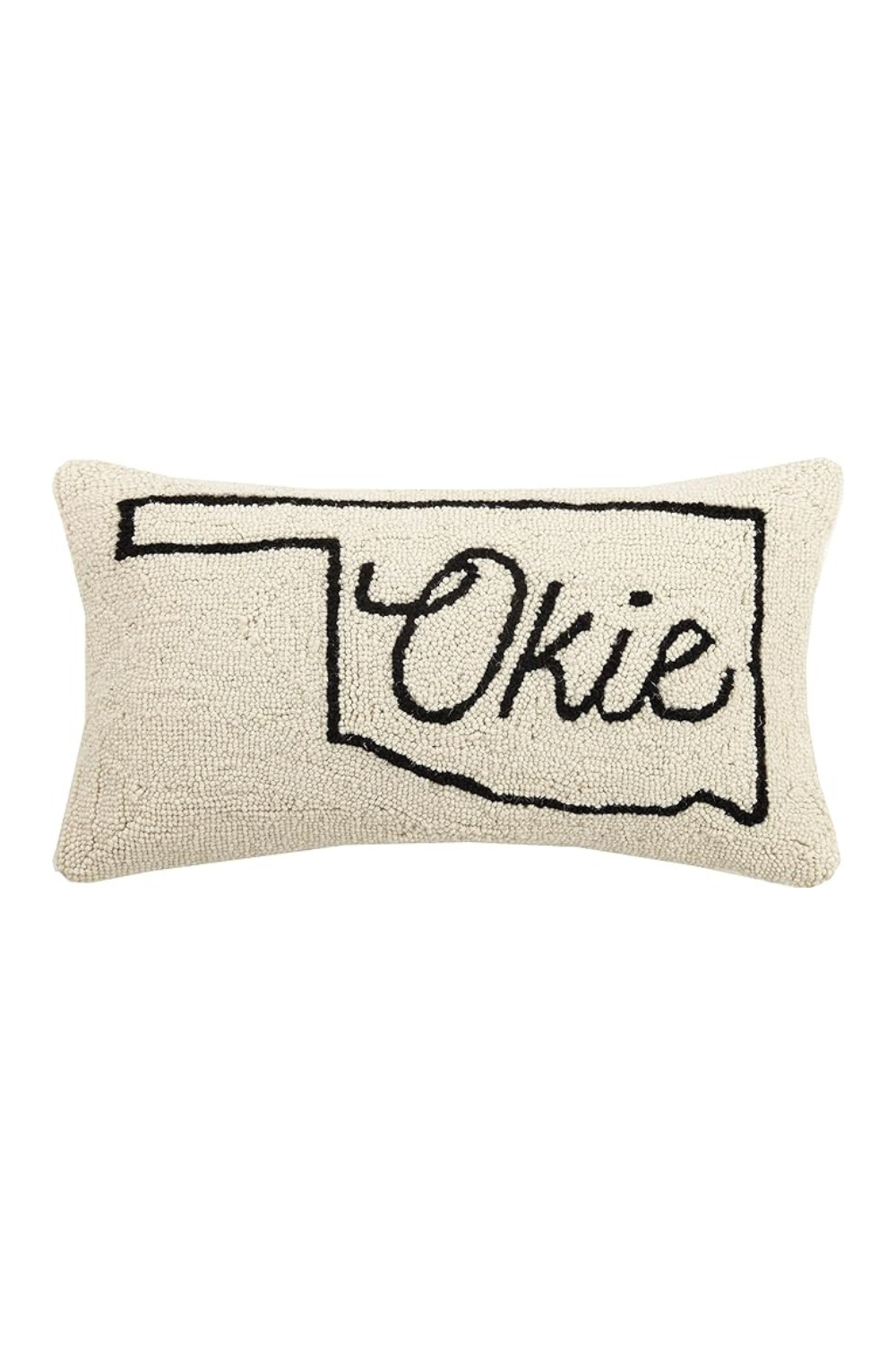 Front view of a 12x20 cream pillow with a simple Oklahoma state outline and “Okie” written in script across the center.
