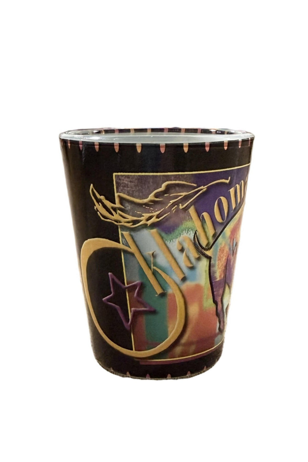 Colorful Oklahoma shot glass with buffalo design