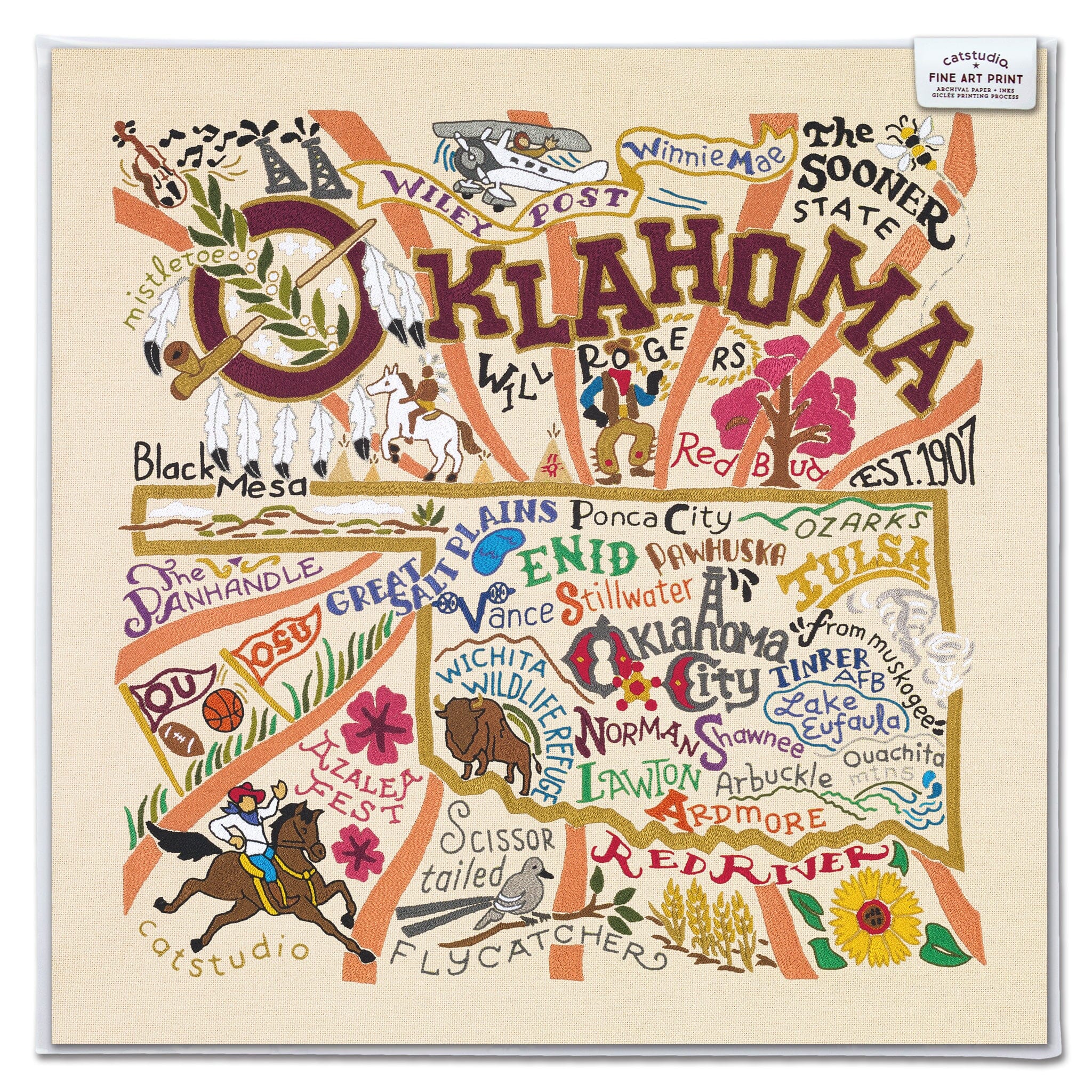 Catstudio Oklahoma fine art print featuring illustrated state map with landmarks, icons, and local culture.