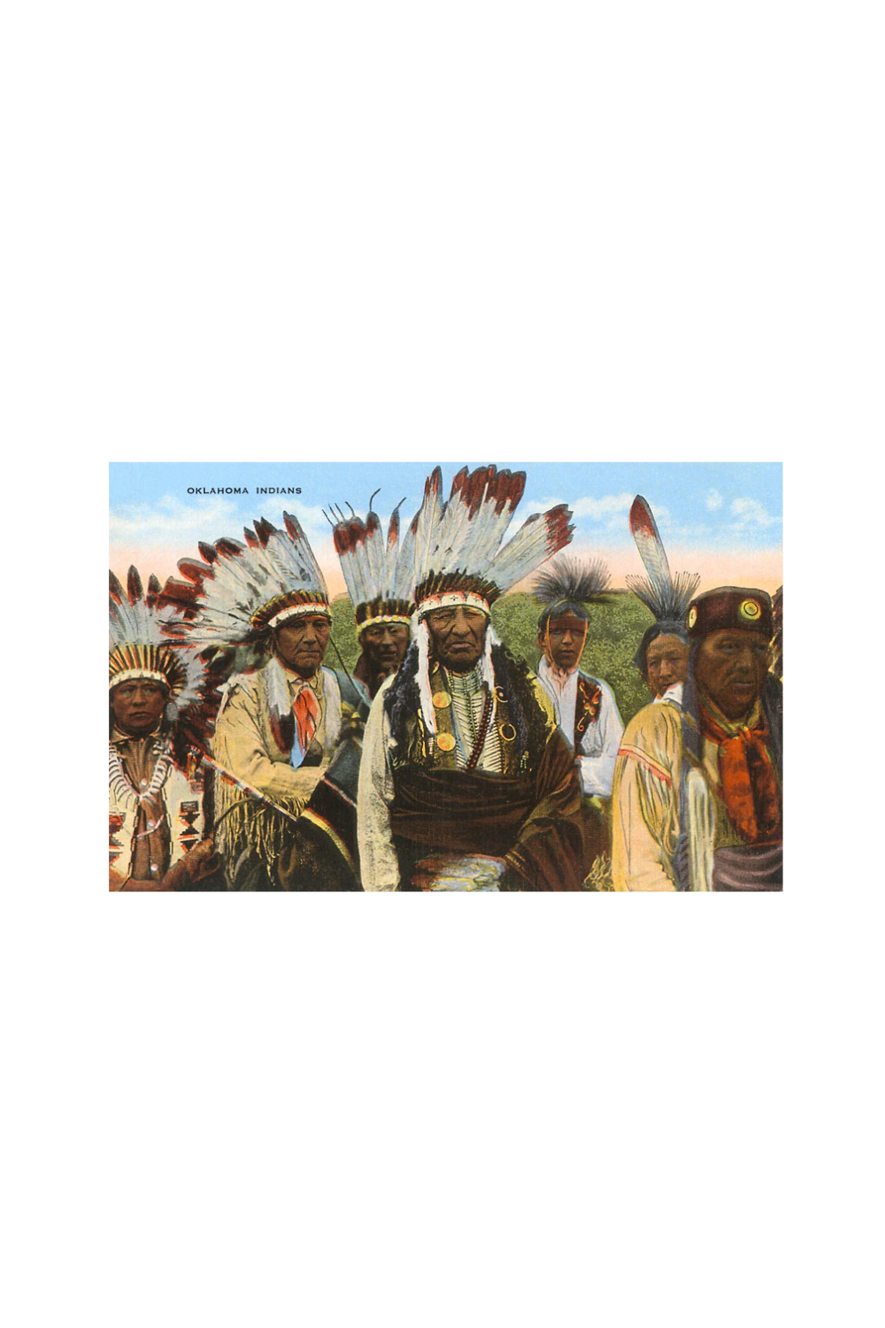 Retro-style postcard featuring vintage artwork of Oklahoma Indians, inspired by classic travel souvenirs.