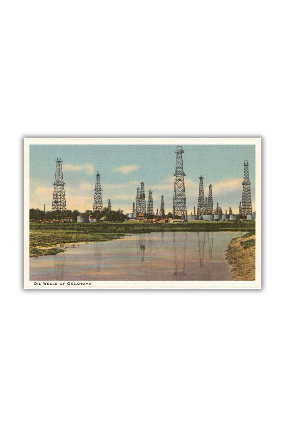 Vintage-style postcard showing oil wells along a river in Oklahoma, classic retro industrial landscape.