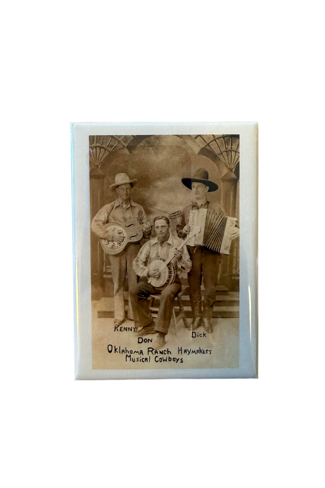 Vintage Oklahoma Ranch Haymakers magnet with three musical cowboys