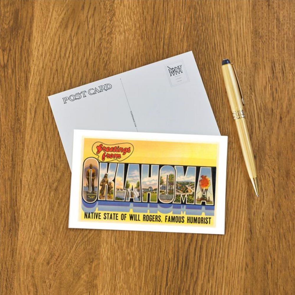 Nostalgic postcard with “Greetings from Oklahoma” design and midcentury artwork of state icons.
