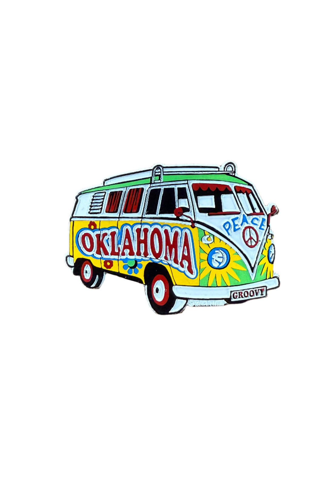 Colorful VW-style van magnet with Oklahoma lettering and 1960s design