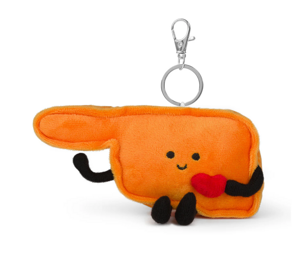 Orange Oklahoma state keychain plush with arms, legs, face, and heart