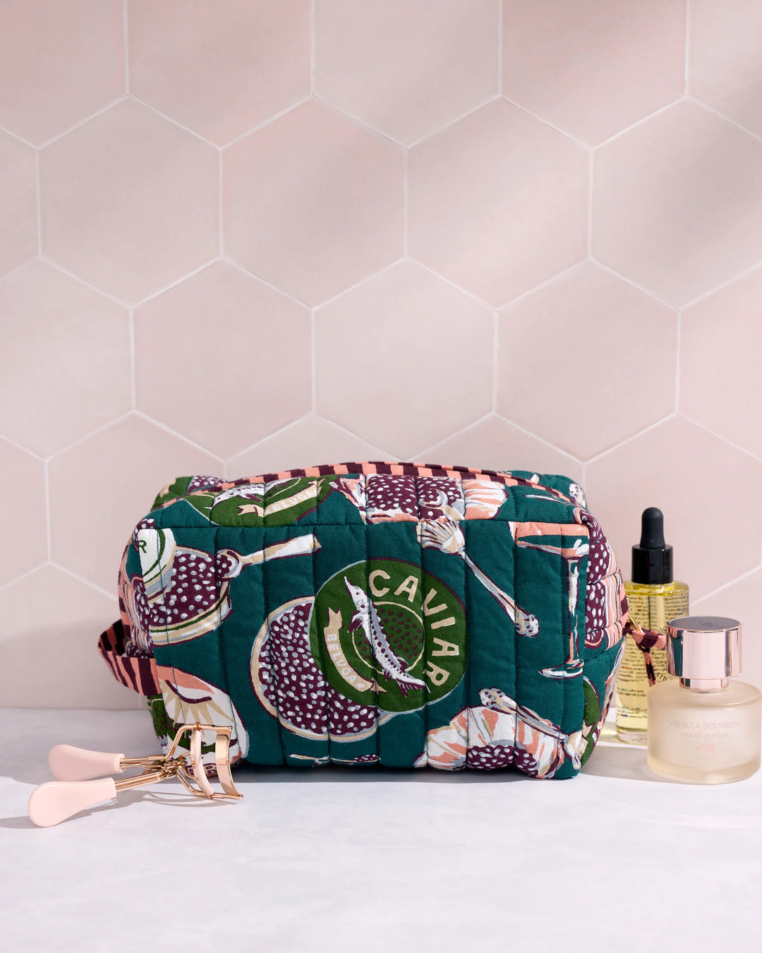 Champagne & Caviar Peacock Feather Quilted Pouch
