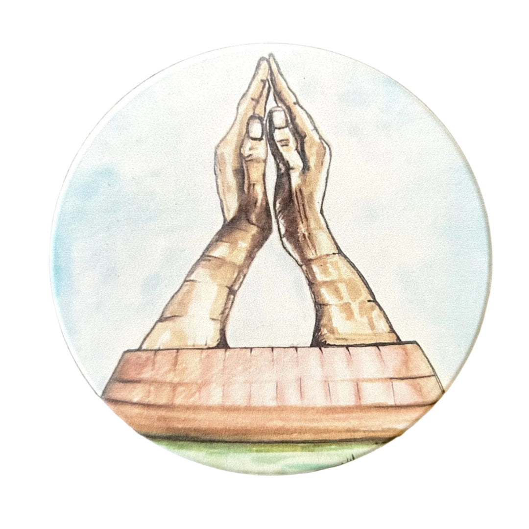 Coaster featuring full-color sketch of ORU Praying Hands sculpture