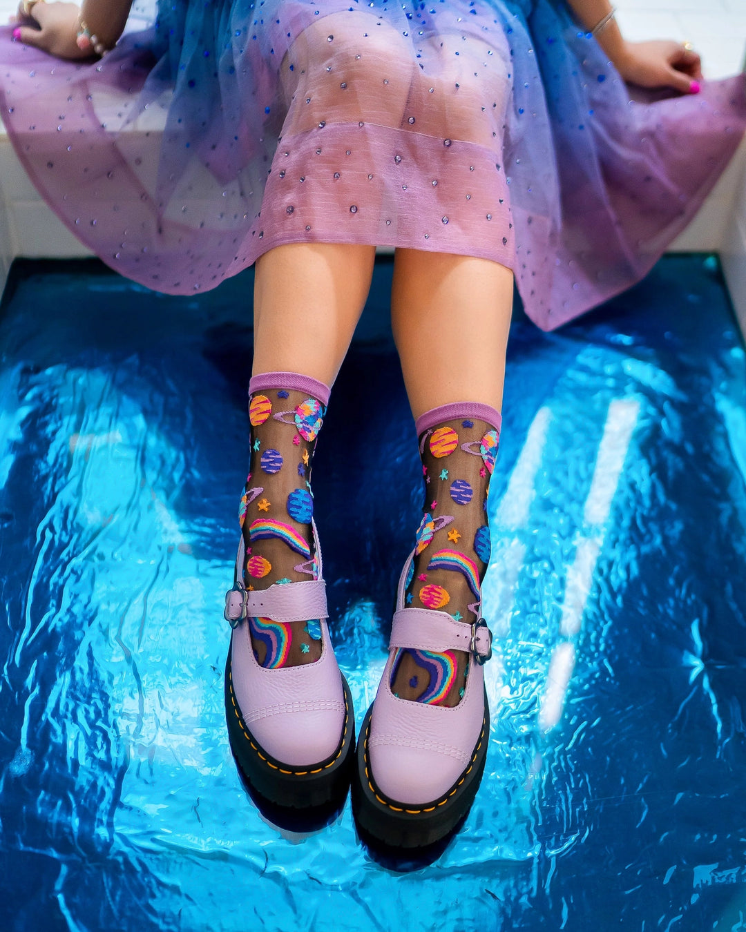 transparent socks with purple accents