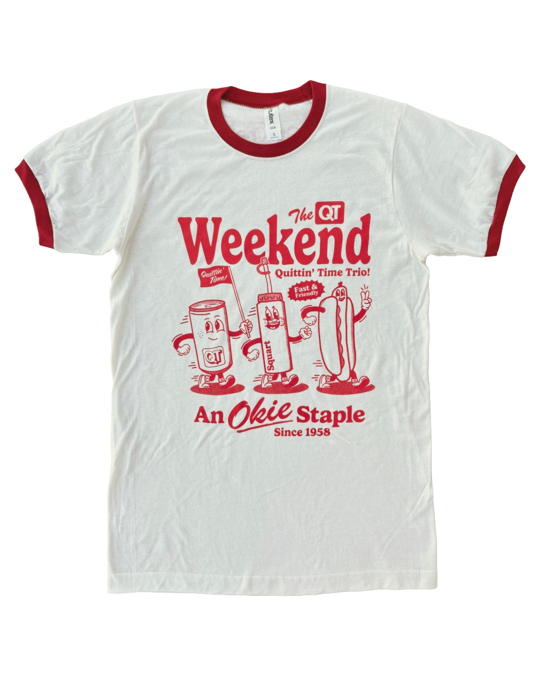 Oklahoma ringer t-shirt with retro animated beer can, Squart soda bottle, and hot dog, text reading an Okie staple since 1958.
