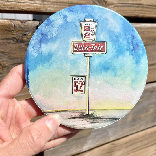 Full-color coaster featuring an illustrated QuikTrip gas station sign in Tulsa