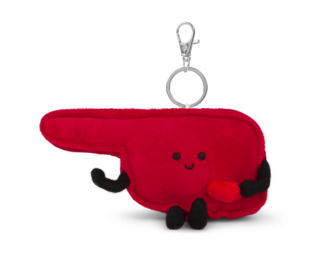 Red Oklahoma state keychain plush with arms, legs, face, and heart