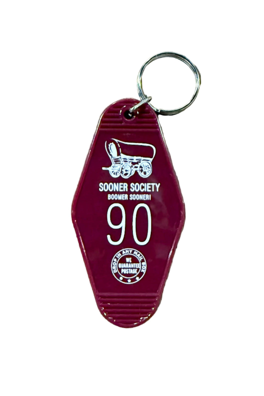 Red Sooner Society keychain with covered wagon design
