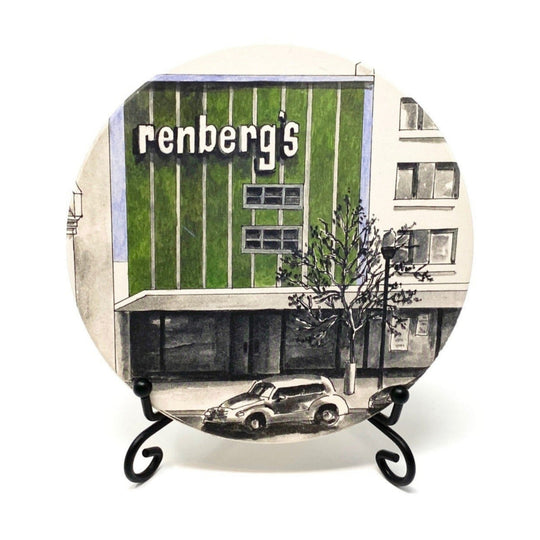 Hand-drawn waterstone coaster featuring Renberg’s department store from the Tulsa in Ink collection