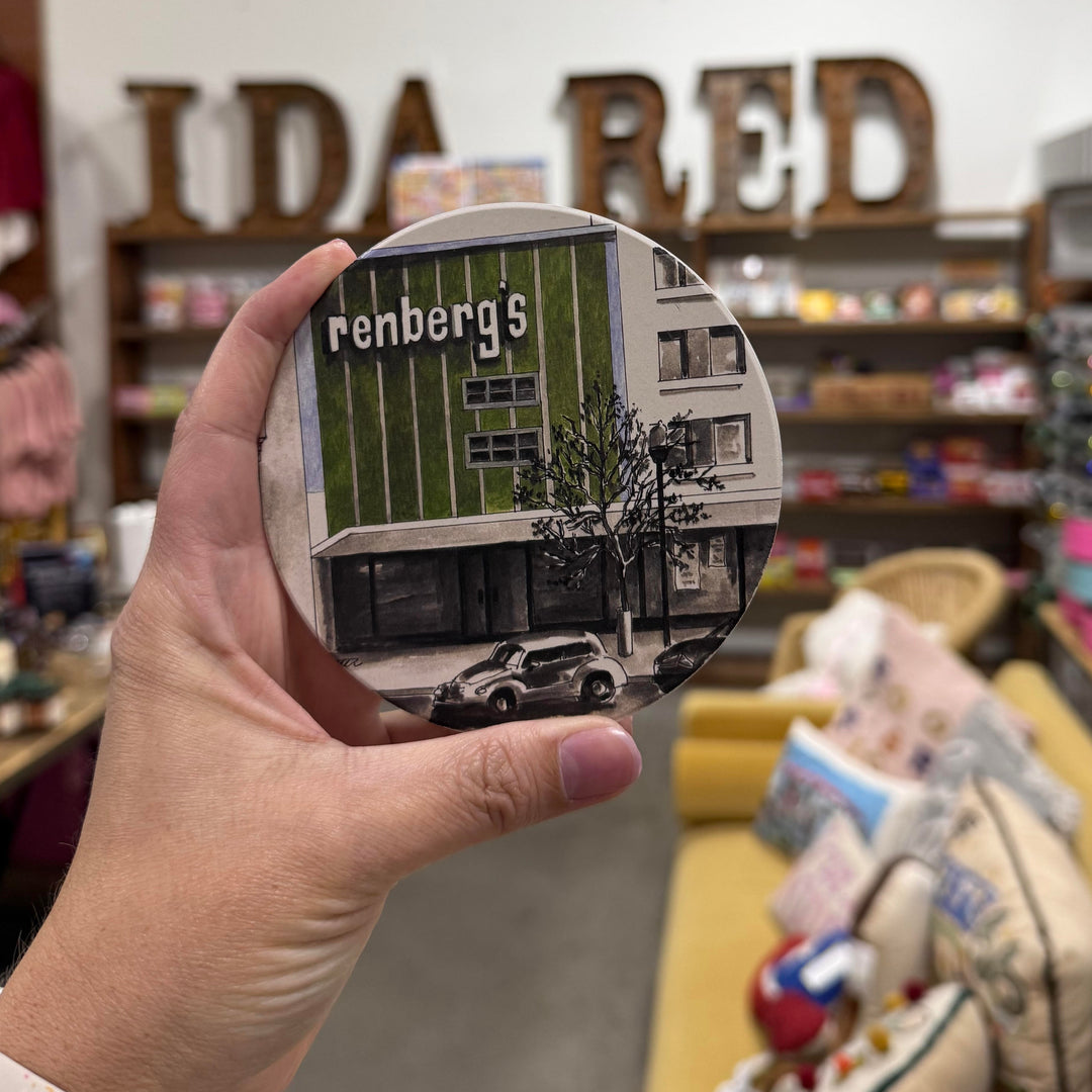 Retro-style coaster with full-color illustration of the historic Renberg’s building in downtown Tulsa