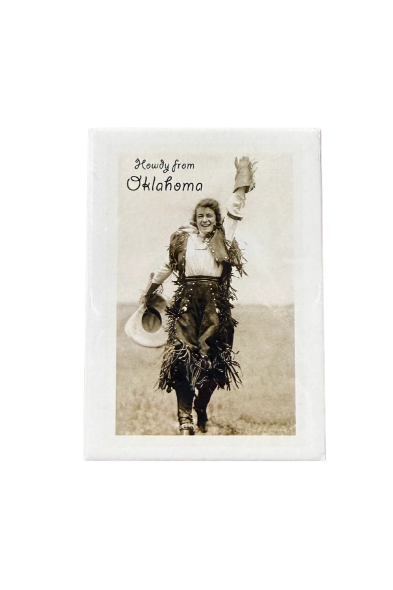 Retro Oklahoma cowgirl magnet with Howdy from Oklahoma text