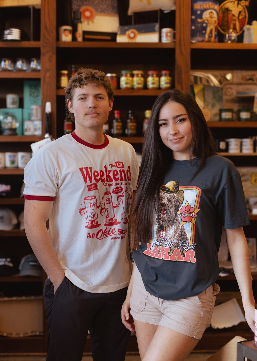 Nostalgic ringer t-shirt celebrating Oklahoma QT weekend quitting time trio, playful animated food and drink artwork.