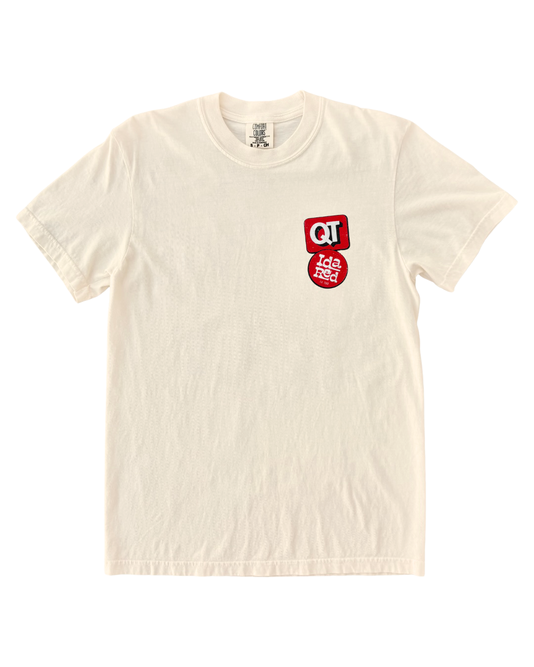 An off-white crewneck t-shirt with a small red and white graphic on the left chest, displayed flat against a white background.