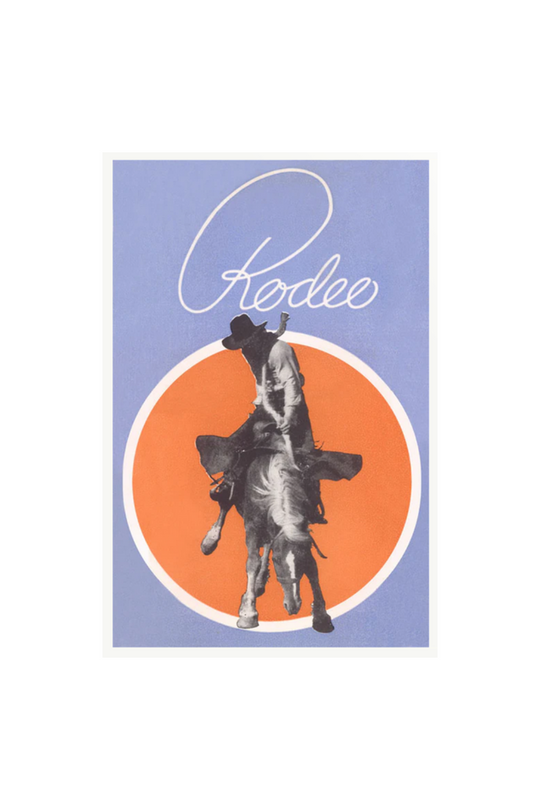 Art print of a cowboy riding a bucking bronco with bold retro design, perfect Western wall decor.