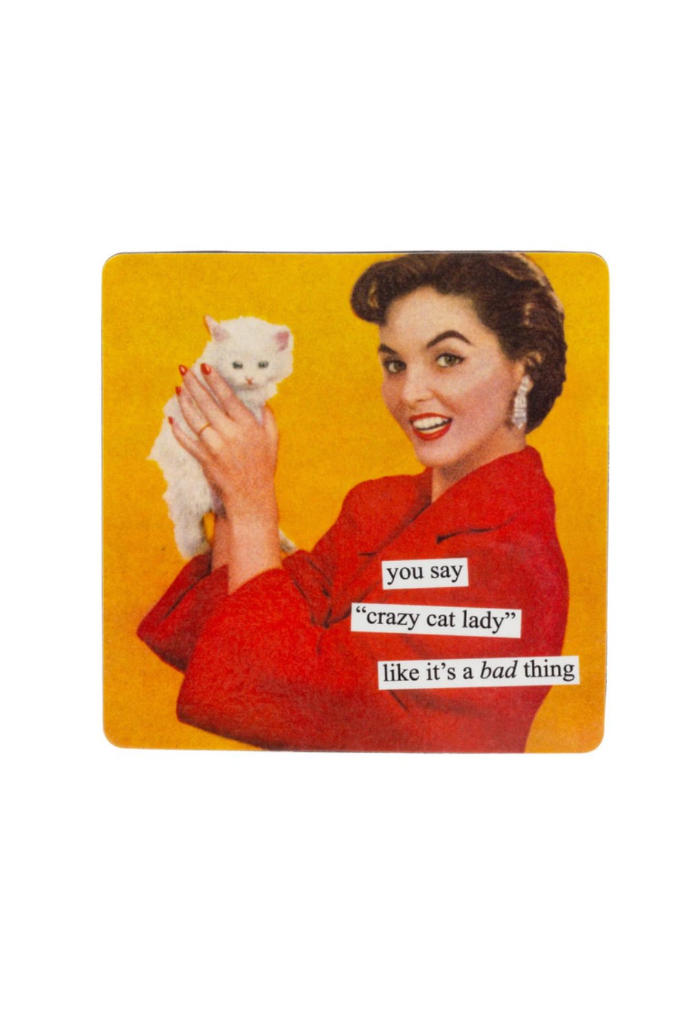 Quirky novelty magnet for cat lovers, featuring retro art and humorous text