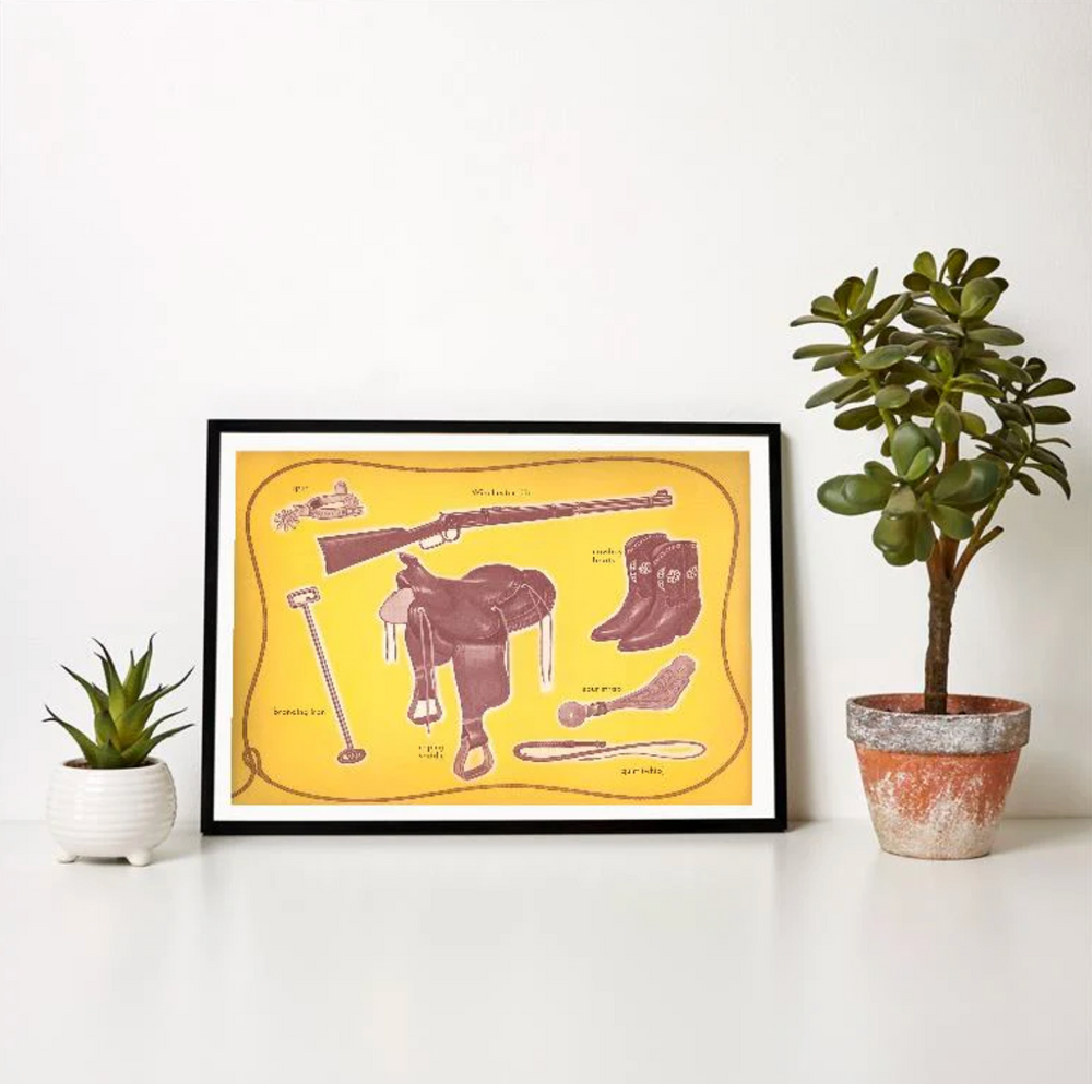 Retro western art print with cowboy saddle, rifle, and boots