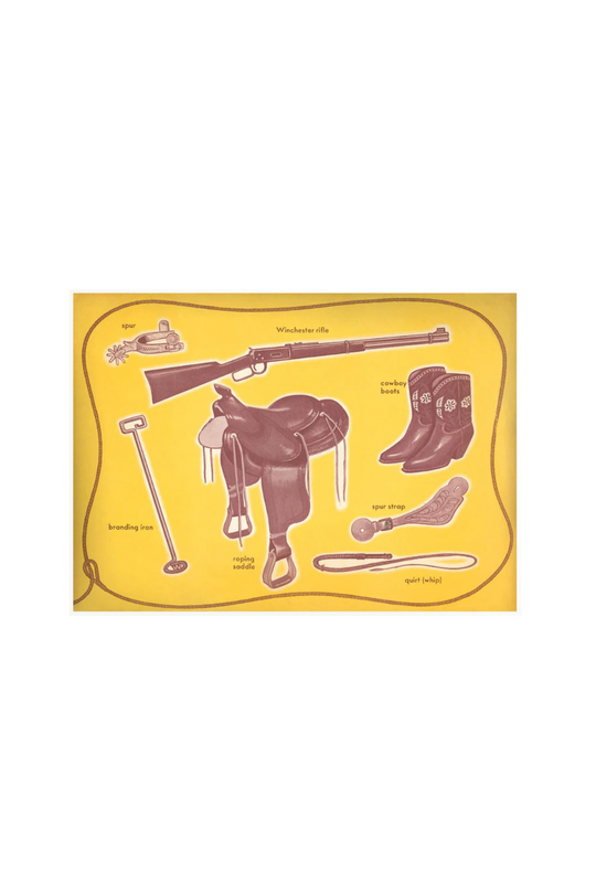 Retro western art print with cowboy saddle, rifle, and boots