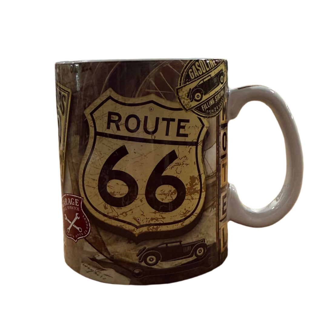 Rustic Route 66 mug with garage collage and vintage posters