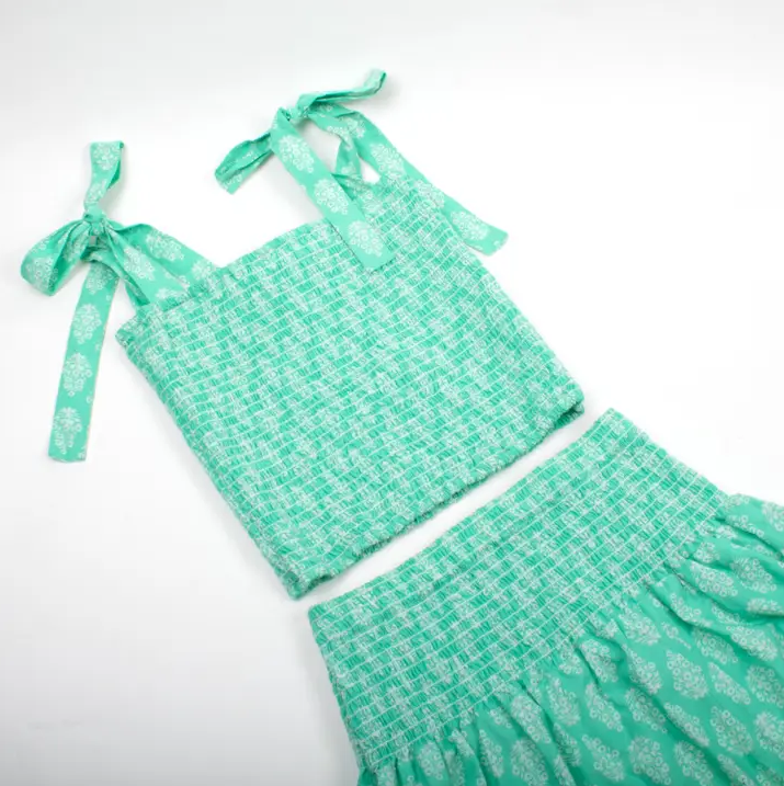 Green Block Print Smocked Tie Top & Skirt Set