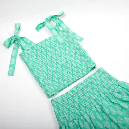 Green Block Print Smocked Tie Top & Skirt Set