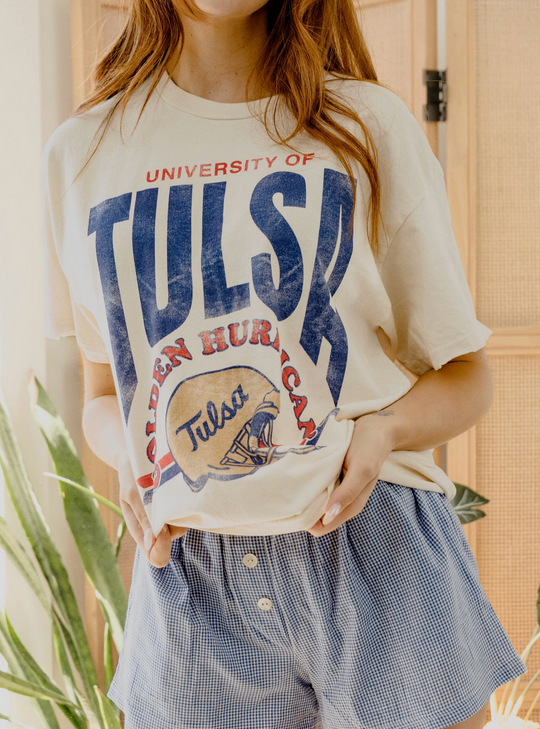 University Of Tulsa TU Est. Helmet Off White Thrifted Tshirt