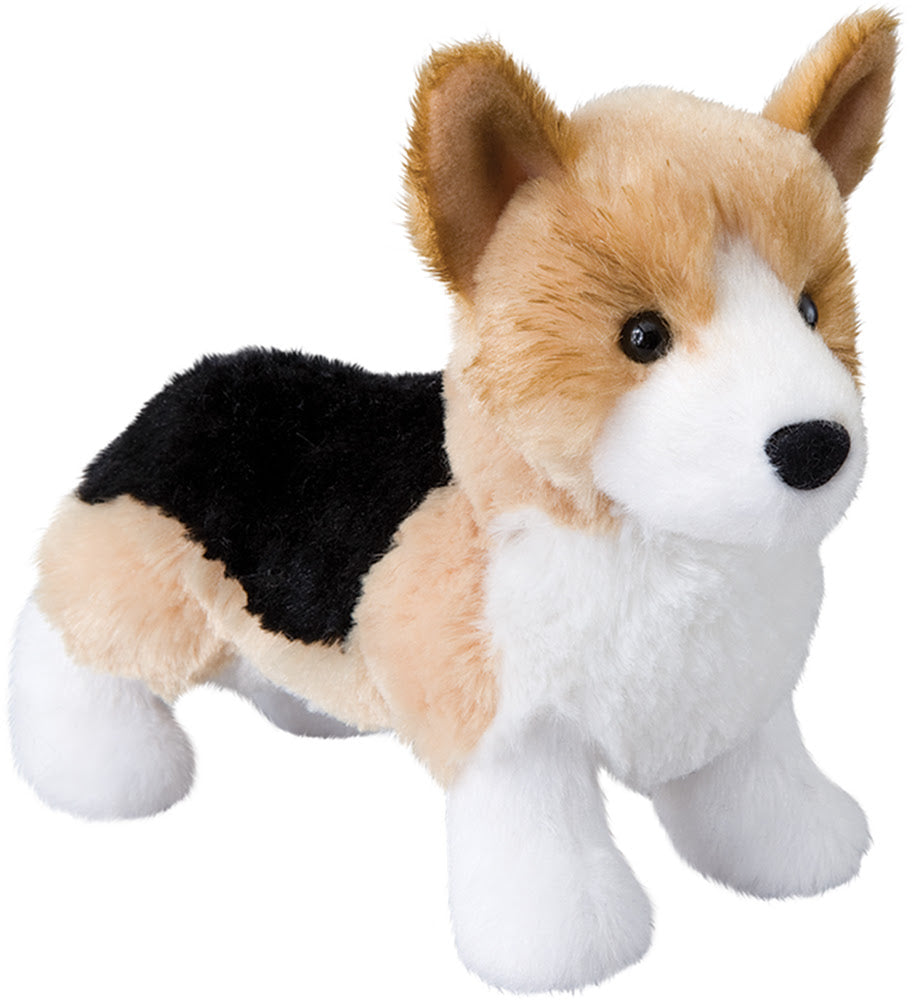 Tri-color corgi plush with soft fur and perky ears