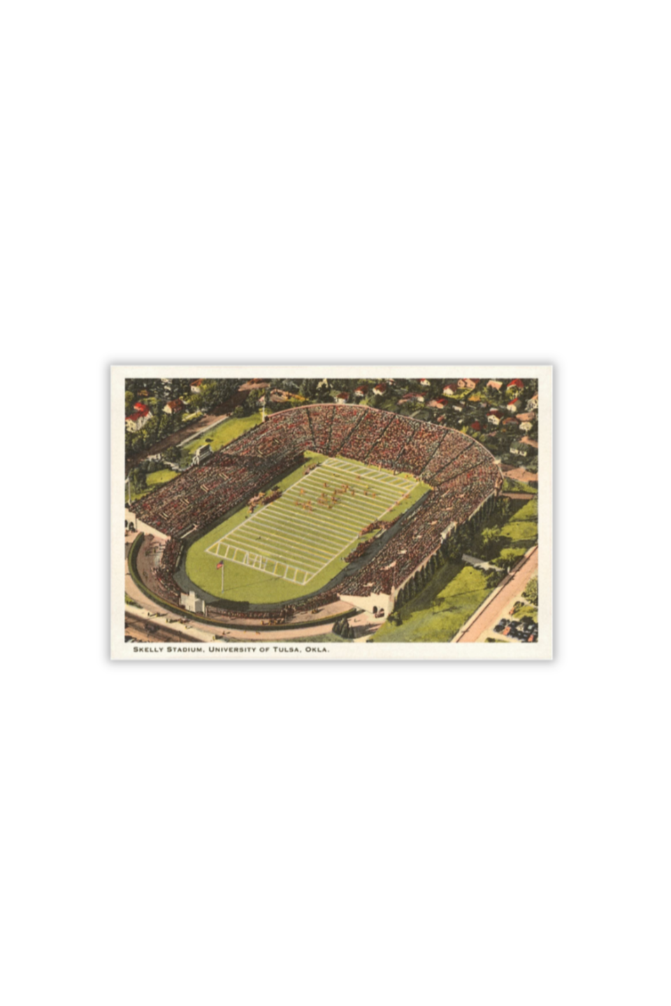 Retro-style postcard featuring Skelly Stadium at the University of Tulsa, vintage sports souvenir.